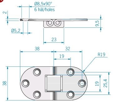 Roca tafelbladscharnier - RVS - 76 x 38 - model 440401-2