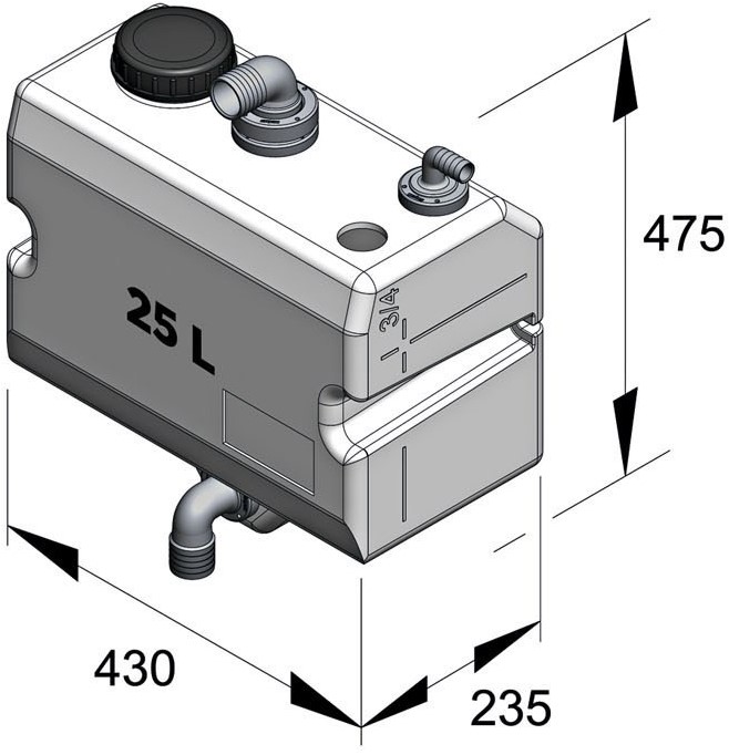 VETUS vuilwatertank 25 liter voor wandbevestiging, horizontaal model