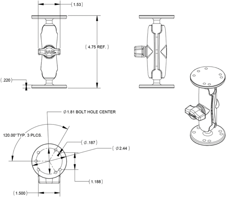 RAM 1"" Ball Mount with 2/2.5"" Round Bases that contain the AMPs hole